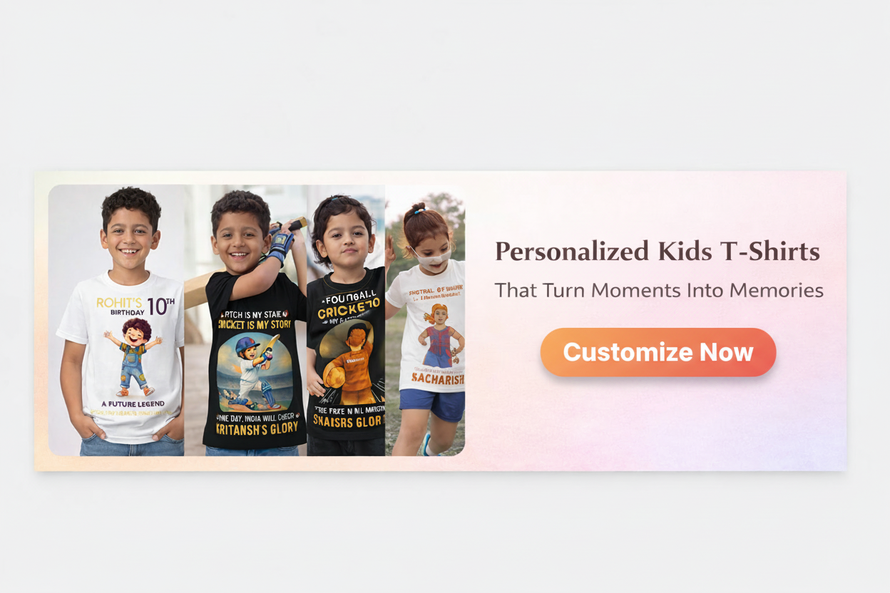 Four children wearing personalized t-shirts with different designs 